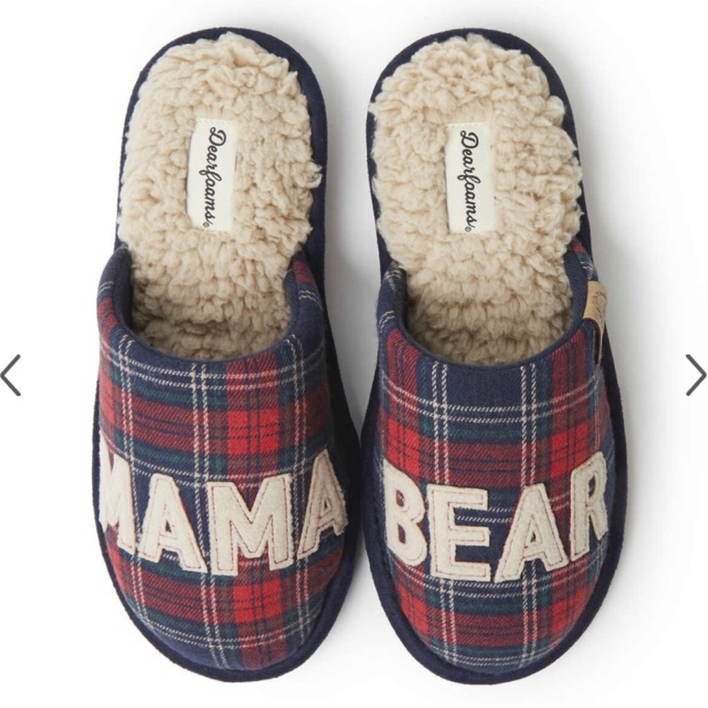 Dearfoams Extra Large 11 - 12 Navy Red Plaid Slippers MAMA BEAR Scuffs Slip On